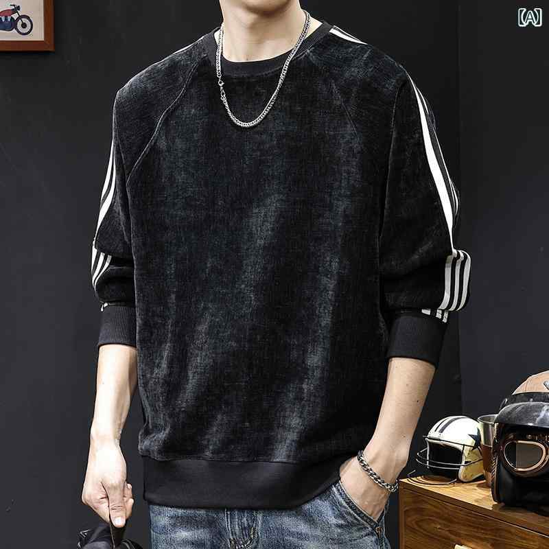 大きめサイズ メンズ トップス カジュアル おしゃれ ファッション シェニール スウェットシャツ レトロ 紳士服 トレンディ ストライプ 服 秋冬 長袖