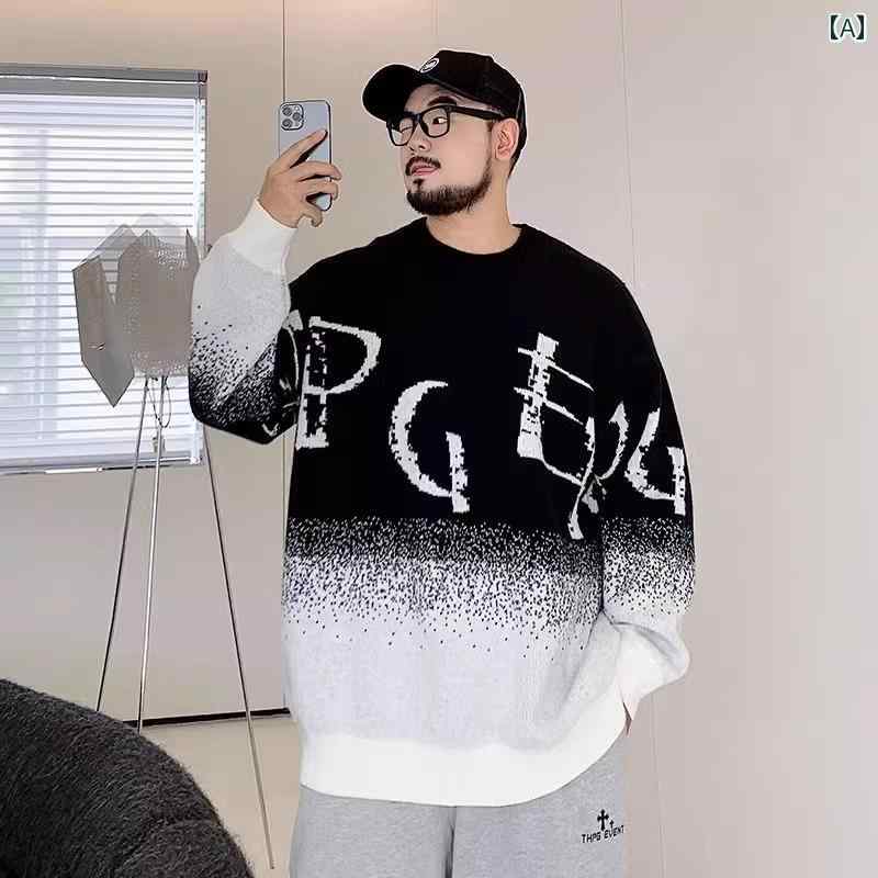 大きめサイズ メンズ トップス カジュアル おしゃれ ファッション 秋冬 トレンディ カラー ブロック プルオーバー セーター ぽっちゃり トレンディ ぽっちゃり セーター グラデーション ゆったり セーター