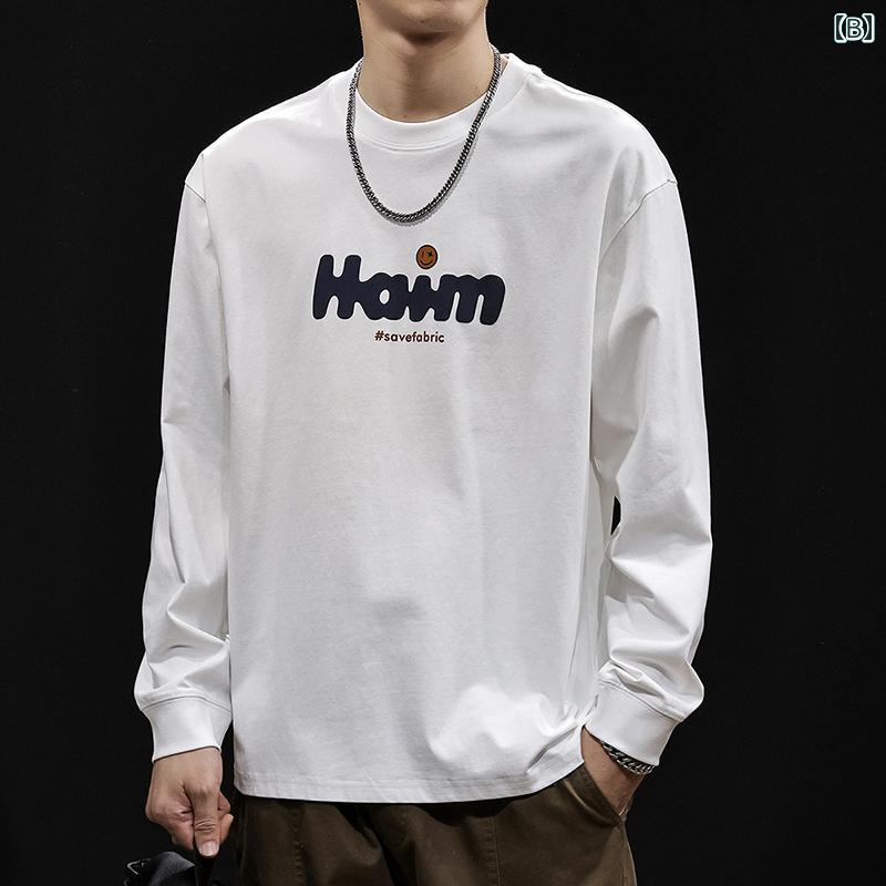 大きめサイズ メンズ トップス カジュアル おしゃれ ファッション レター プリント 長袖 Tシャツ 秋 ラウンドネック 服 春秋 快適 インナー