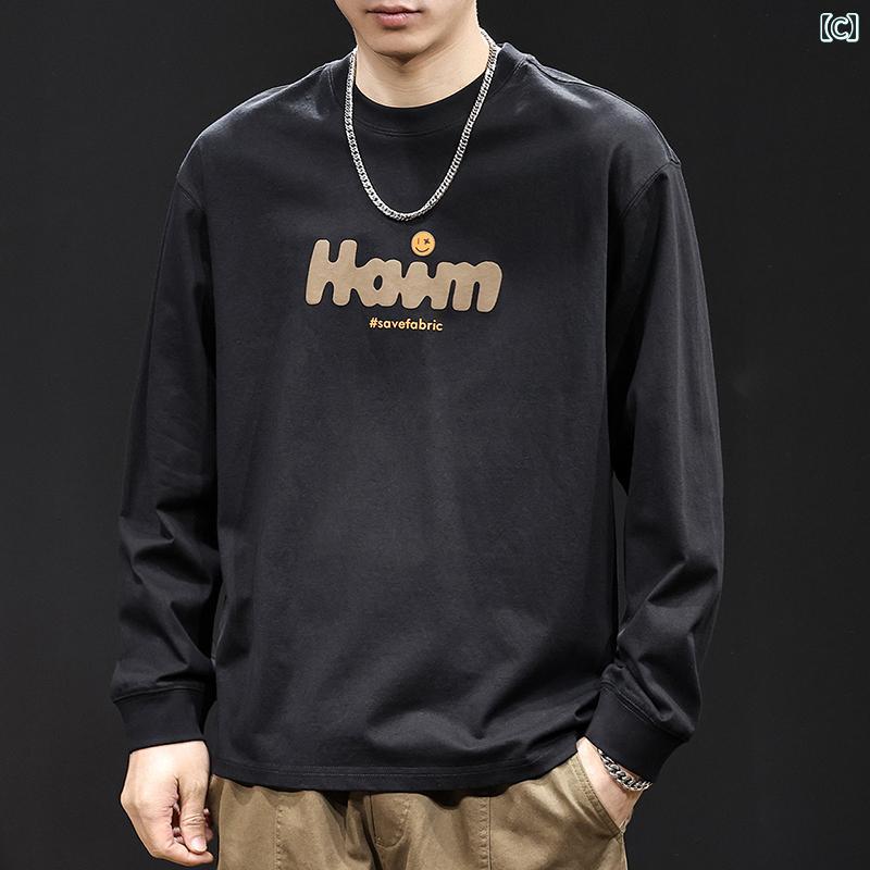 大きめサイズ メンズ トップス カジュアル おしゃれ ファッション レター プリント 長袖 Tシャツ 秋 ラウンドネック 服 春秋 快適 インナー