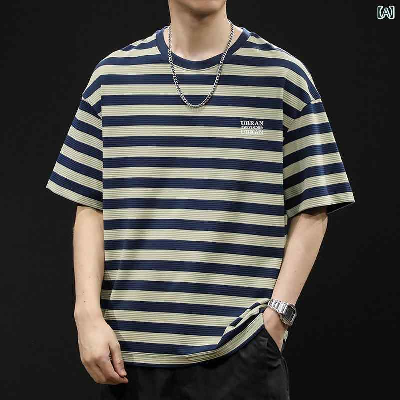 大きめサイズ メンズ Tシャツ 半袖 カジュアル おしゃれ ストライプ 年 夏 ストレッチ 紳士服 トレンド(4)