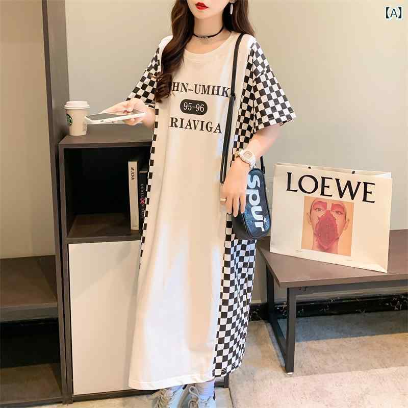 レディース ファッション カジュアル おしゃれ フェミニン チェック レングス 綿 半袖 Tシャツ 夏 韓国 大きめサイズ 膝上 ドレスのサムネイル