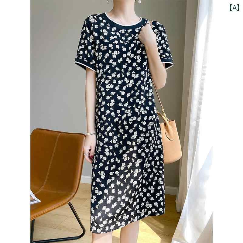 レディース ファッション おしゃれ 上品 きれいめ 婦人服 アセテート サテン 花柄 半袖 ドレス レングス ラウンドネック ストレート スカート プリント Tシャツ ベスト ドレス 夏