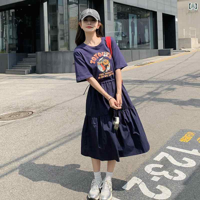 レディース ファッション カジュアル おしゃれ フェミニン ネイビー プリント ドレス 夏 韓国 カレッジ ウエスト スリム Tシャツ スカート