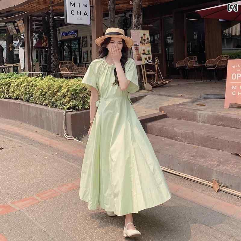 レディース ファッション カジュアル おしゃれ フェミニン フランス 黄緑 ドレス 夏 シンプル パフスリーブ ハイウエスト ロング スカート