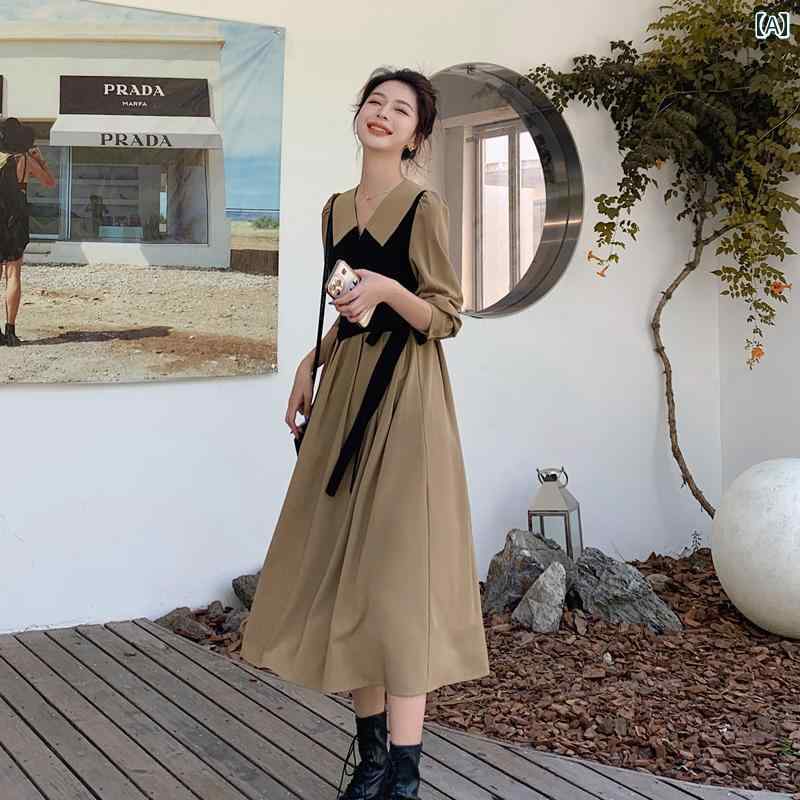 レディース ファッション カジュアル おしゃれ フェミニン 初秋 カーキ 長袖 ドレス フレンチ ドレープ フェイク セットアップ スリム ロング ドレス