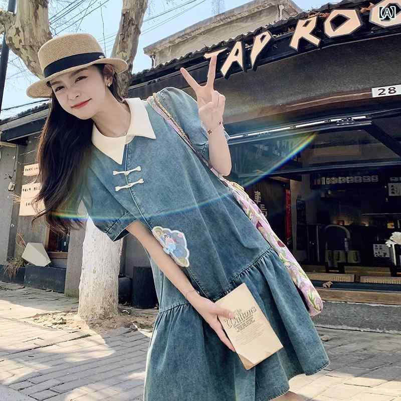 レディース ファッション カジュアル おしゃれ フェミニン ブルーデニム ドレス 夏 ゆったり レトロ 西洋 スカート
