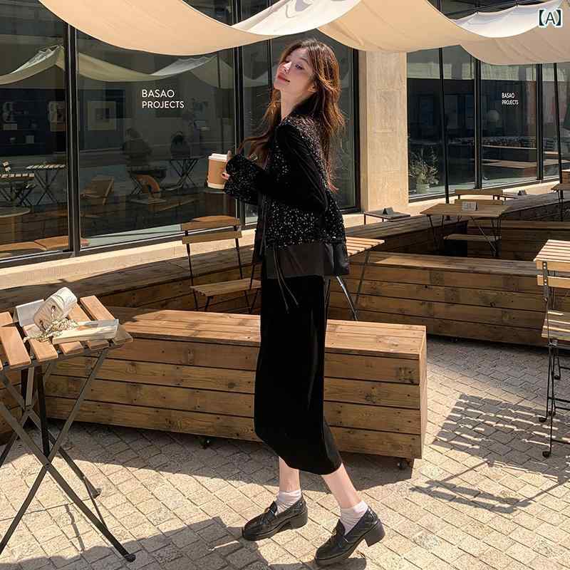 レディース ファッション カジュアル おしゃれ フェミニン 黒 チャイナ風 秋 セット ベスト トップ ハーフ スカート 3 点 セット(4)