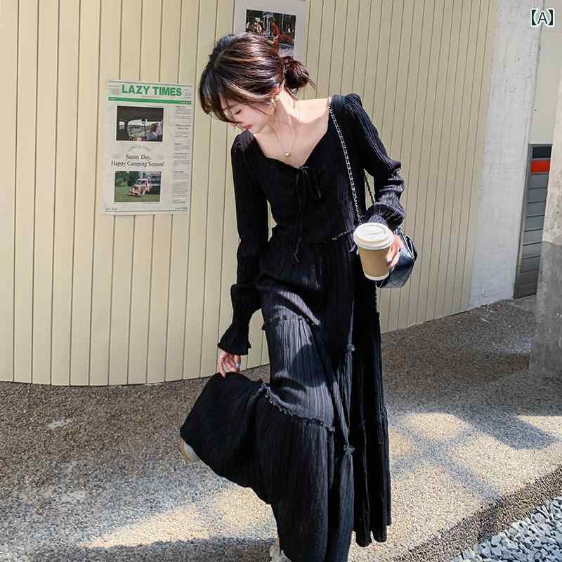 レディース ファッション カジュアル おしゃれ フェミニン フレンチ 黒 ドレス 春秋 エレガント ウエスト スリム ロング スカート