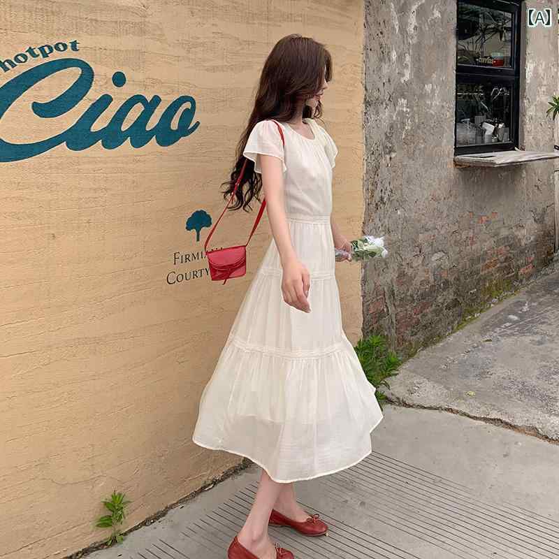 レディース ファッション カジュアル おしゃれ フェミニン オフ ホワイト フレンチ ドレス 204 夏 優しい レースアップ ウエスト スリム フェアリー スカート