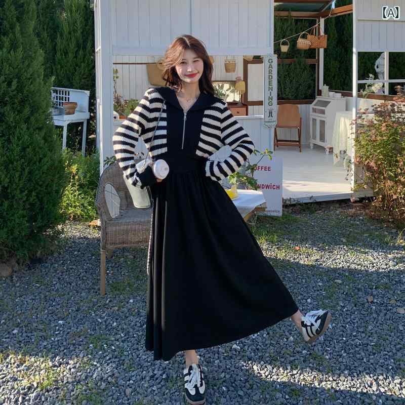 レディース ファッション カジュアル おしゃれ フェミニン 初春に 着る ストライプ 長袖 ドレス フレンチ ウエスト 細く ロング スカート