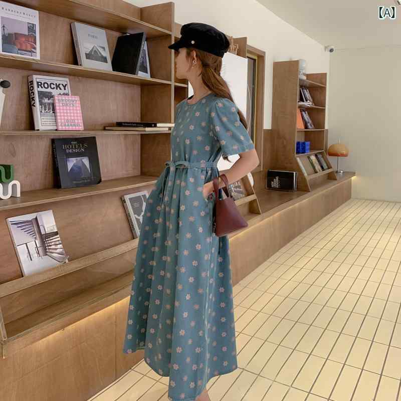 レディース ファッション カジュアル おしゃれ フェミニン ピンク ショール デニム 花柄 ドレス 夏 韓国 レトロ ハイウエスト スリム ロング スカート