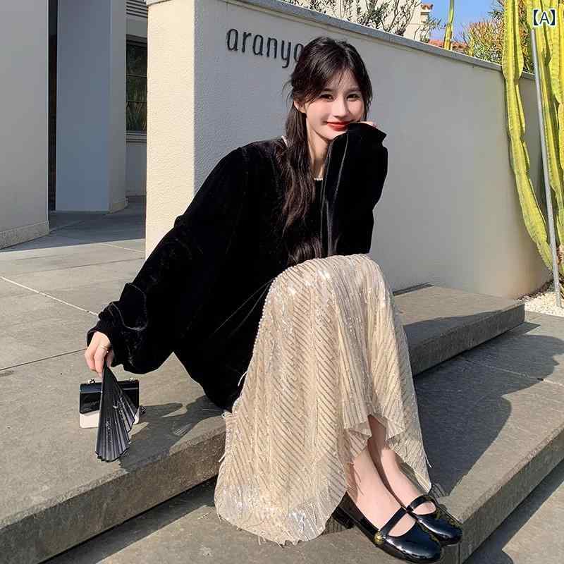 レディース ファッション カジュアル おしゃれ フェミニン 黒 起毛 ドレス 春秋 フレンチ 感 見栄え 精巧 ロング スカート