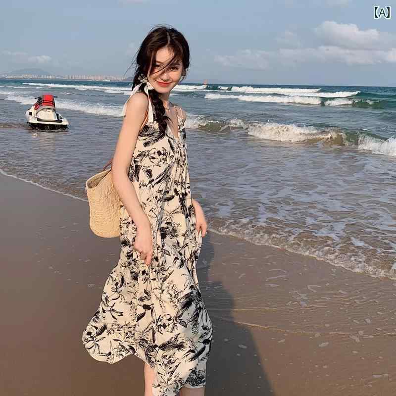 レディース ファッション カジュアル おしゃれ フェミニン 水墨柄 肩ひも ドレス 夏 フレンチ 海辺 リゾート ビーチ 花柄 スカート