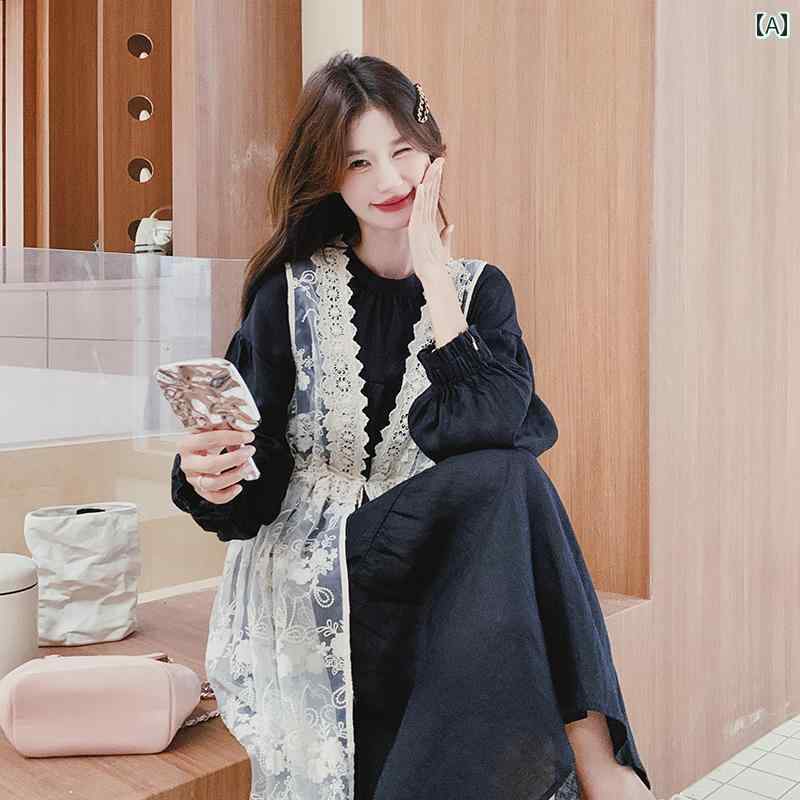 レディース ファッション カジュアル おしゃれ フェミニン 黒 ドレス 春秋 リラックス レース ブラウス レイ ヤード スカート(4)