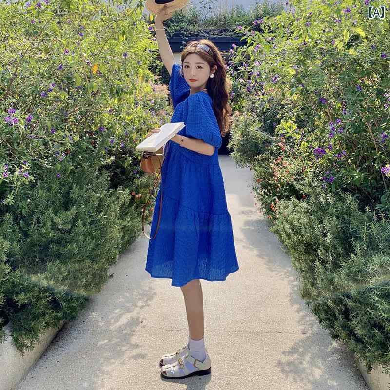 レディース ファッション カジュアル おしゃれ フェミニン クラインブルー パフスリーブドレス 夏 レトロフレンチ ガール テクスチャー プリンセス ドレス