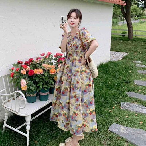 レディース ファッション カジュアル おしゃれ フェミニン 花 ドレス 夏 フレンチ レトロ ロマンチック 優しい 風 パフスリーブ スリム ロング ドレス レディース ファッション カジュアル おしゃれ フェミニン 花 ドレス 夏 フレンチ レトロ ロマンチック 優しい 風 パフスリーブ スリム ロング ドレス