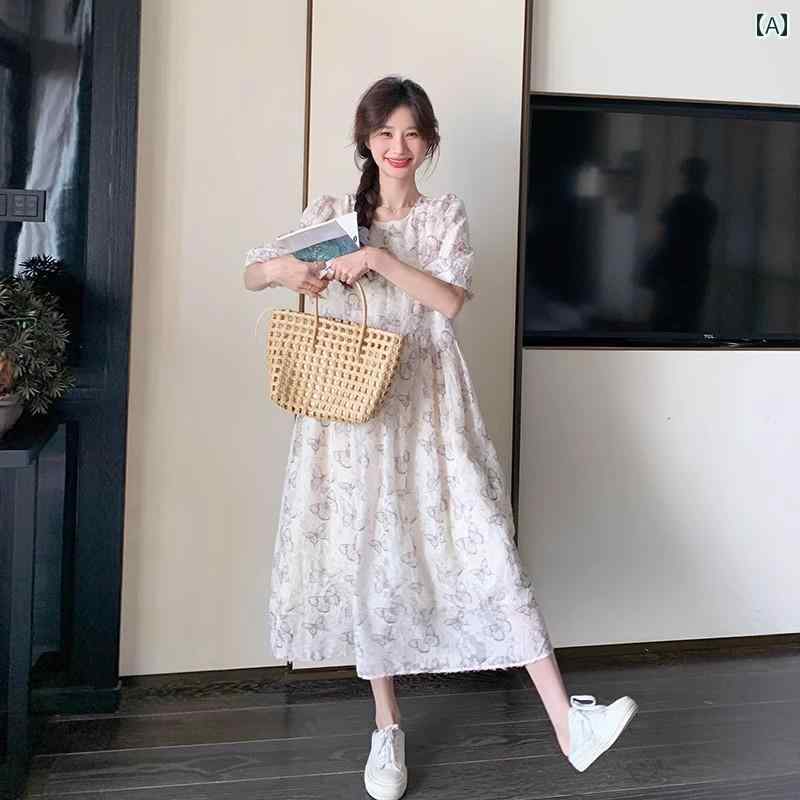 レディース ファッション カジュアル おしゃれ フェミニン 蝶 プリント フレンチ ドレス 夏 パフスリーブ 優しく 初恋 スカート