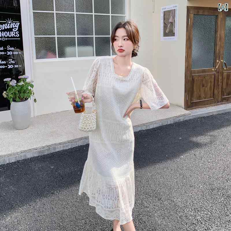 レディース ファッション カジュアル おしゃれ フェミニン 白 ドレス 夏 フレンチスクエア ネック レース フィッシュテール スカート ロング スカート