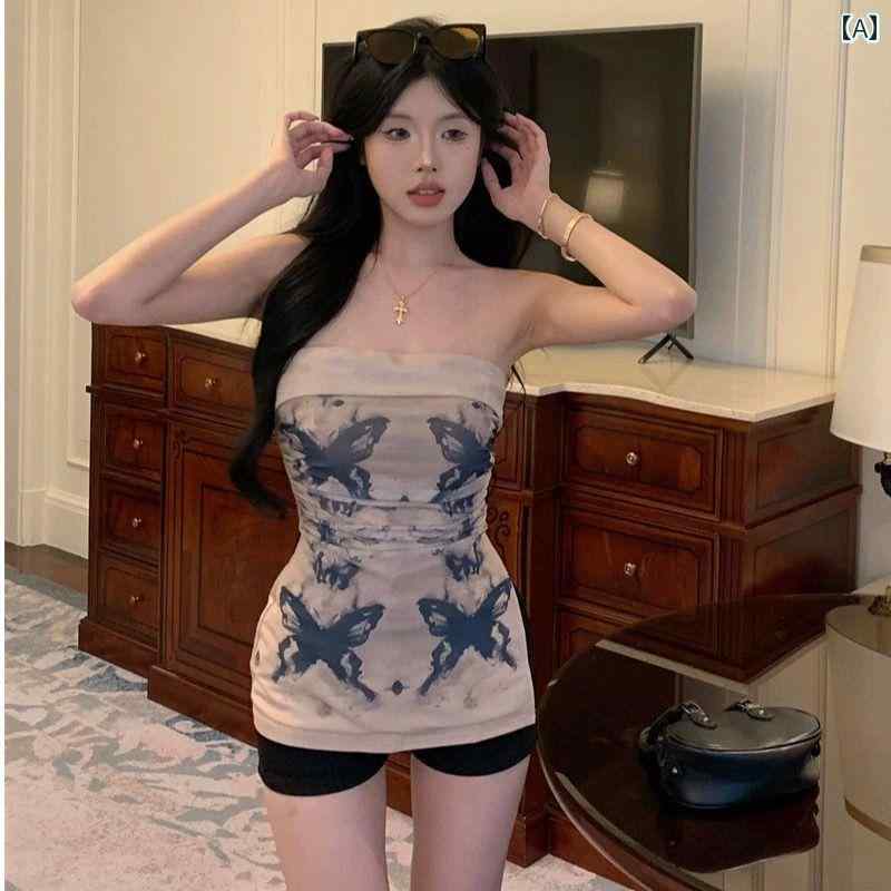 大きめサイズ レディース トップス セクシー カジュアル ぽっちゃり 魅惑 レトロ 水墨柄 チューブトッ..