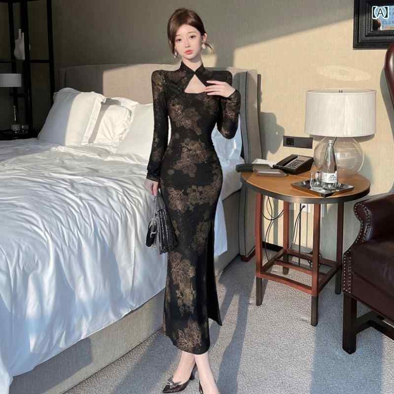 大きめサイズ ワンピース レディース セクシー パーティー キャバ ぽっちゃり レトロ チャイナ ドレス 秋 スリム 魅惑 プリント スリット 長袖 ドレス