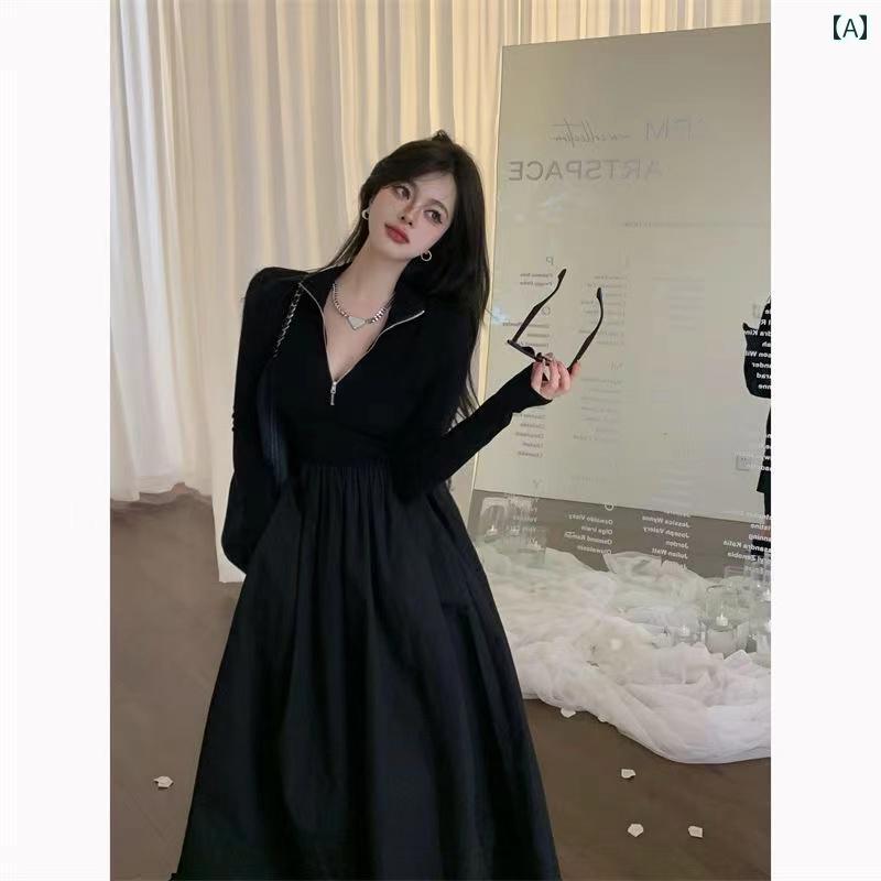 大きめサイズ レディース ファッション カジュアル ぽっちゃり 長袖 ドレス 春 スリム ウエスト ジッパー レングス スカートのサムネイル