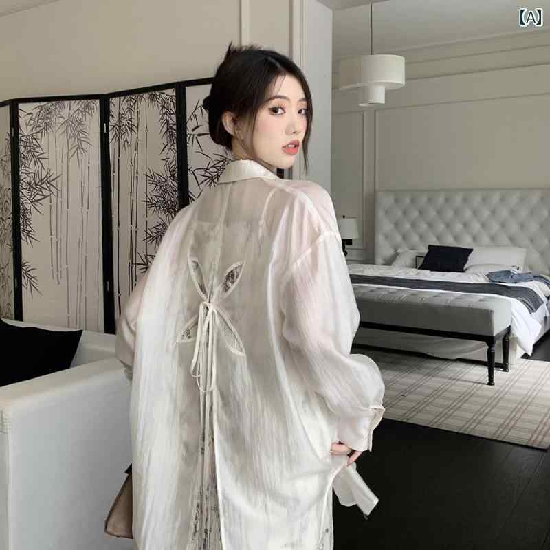 大きめサイズ レディース ファッション カジュアル ぽっちゃり スリット レース 長袖 シャツ ゆったり 薄手 涼しい 涼しい 日焼け防止 シャツ 0