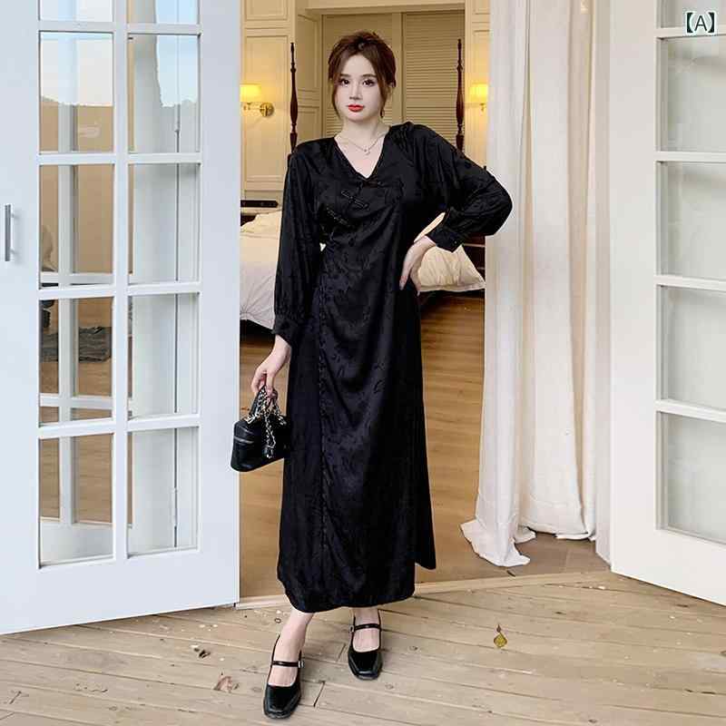 大きめサイズ レディース ファッション カジュアル ぽっちゃり チャイナ風 プレート バックル 瞑想 Vネック 長袖 ドレス 秋 ゆったり スリム チャイナ ロング スカート