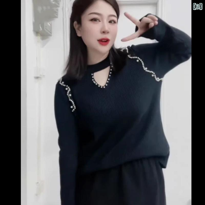 大きめサイズ レディース ファッション カジュアル ぽっちゃり 頑丈 ビーズ 起毛 パープル Tシャツ 秋冬 スリム 右 肩 シャツ