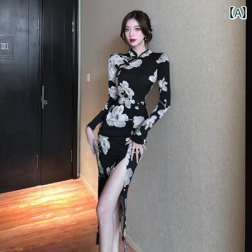 大きめサイズ レディース セクシー ファッション カジュアル キャバ ぽっちゃり レトロ 民族風 プリーツ ハイ スリット チャイナ ドレス プリント 長袖 ドレス 秋 大きめサイズ レディース セクシー ファッション カジュアル キャバ ぽっちゃり レトロ 民族風 プリーツ ハイ スリット チャイナ ドレス プリント 長袖 ドレス 秋