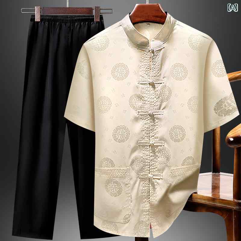 紳士服 カジュアル メンズ ダンディ ファッション 唐 セットアップ 半袖 セットアップ カジュアル お父さん セットアップ 薄 チャイナ風 夏 セットアップ