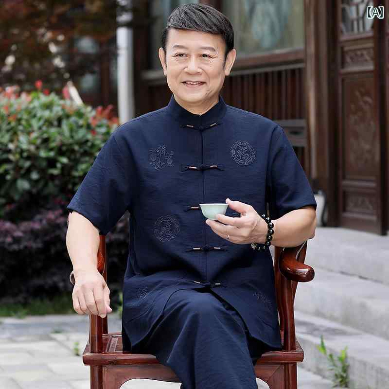 紳士服 カジュアル メンズ ダンディ ファッション 祖父 夏 チャイナ風 唐 セットアップ お父さん 夏 セットアップ 半袖 服 中国 漢服