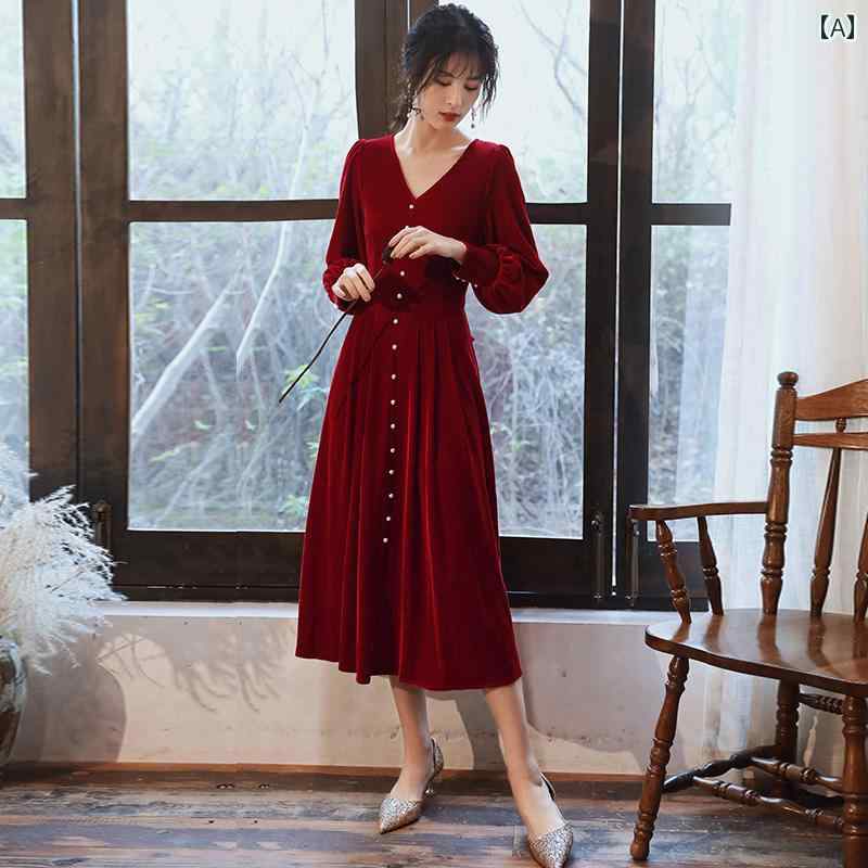 ドレス レディース 華やか 上品 エレガント パーティー 花嫁 婚約 結婚式 ブルゴーニュ 着