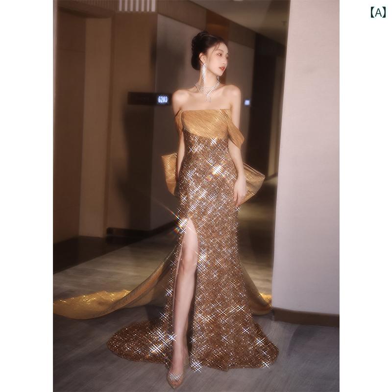 ドレス レディース 華やか 上品 エレガント パーティー イブニング 軽量 涼しい 涼しい 高貴 ホスト フィッシュテール スパンコール キラキラ キラキラ