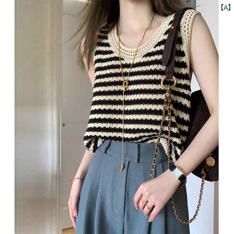 レディース トップス カジュアル おしゃれ 夏 ニット 半袖 ストライプ Tシャツ ゆったり ノースリーブ キャミソール アウター ショートのサムネイル