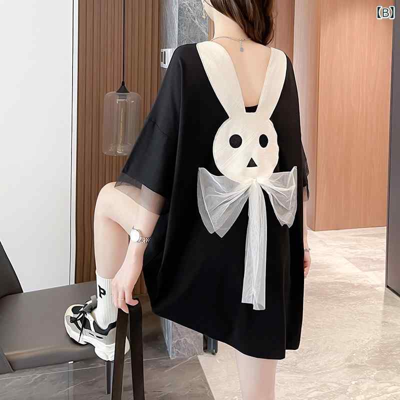 レディース トップス カジュアル おしゃれ 背中 開き リボン レングス 半袖 Tシャツ 夏 韓国 大きめサイズ