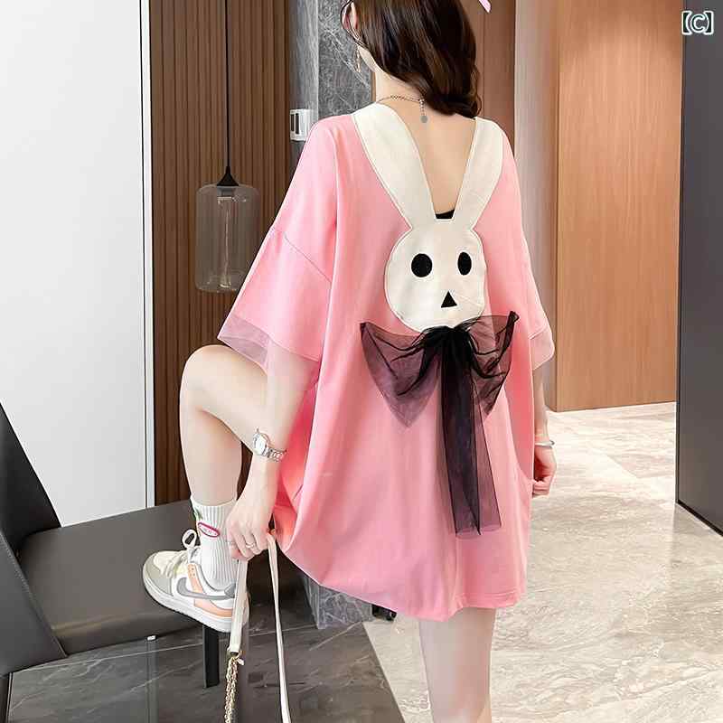 レディース トップス カジュアル おしゃれ 背中 開き リボン レングス 半袖 Tシャツ 夏 韓国 大きめサイズ