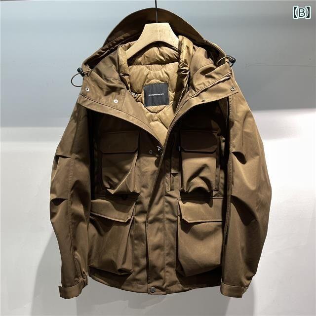 アウター メンズ カジュアル おしゃれ レトロ アメリカン ワークウェア 秋冬 取り外し 可能 マルチ ポケット フード コットン