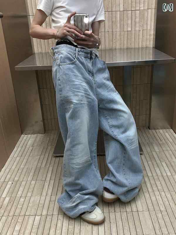 メンズ デニム パンツ カジュアル おしゃれ アメリカン レトロ ウィスカー ウォッシュド ジーンズ スリム ストレート ワイドレッグ フロア レングス