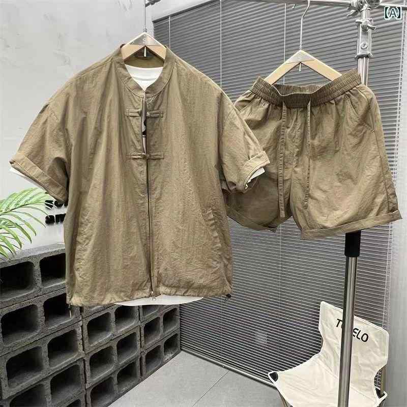 セットアップ メンズ 夏 半袖 カジュアル おしゃれ ハーフパンツ ファッション 軽量 涼しい 涼しい 速乾 通気性 快適 快適 2点 セット トレンディ レトロ ボタン 半袖 2点 セット