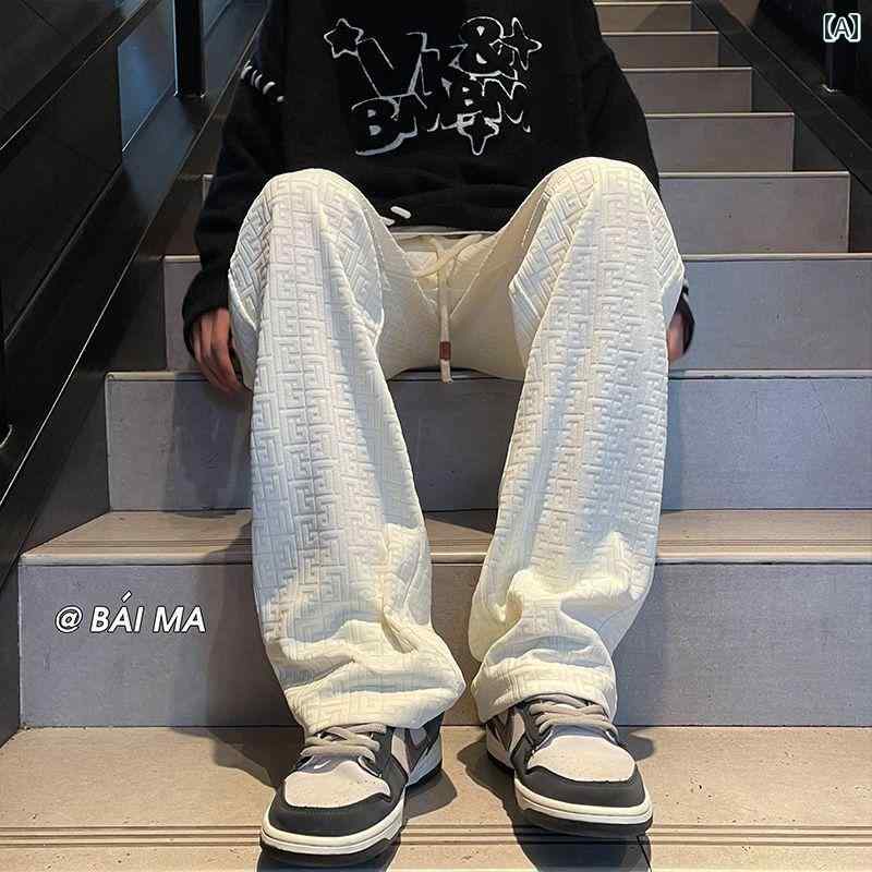 メンズ パンツ カジュアル ズボン おしゃれ 秋冬 立体 ジャカード 起毛 厚手 ストレート スウェット トレンディ ホワイト