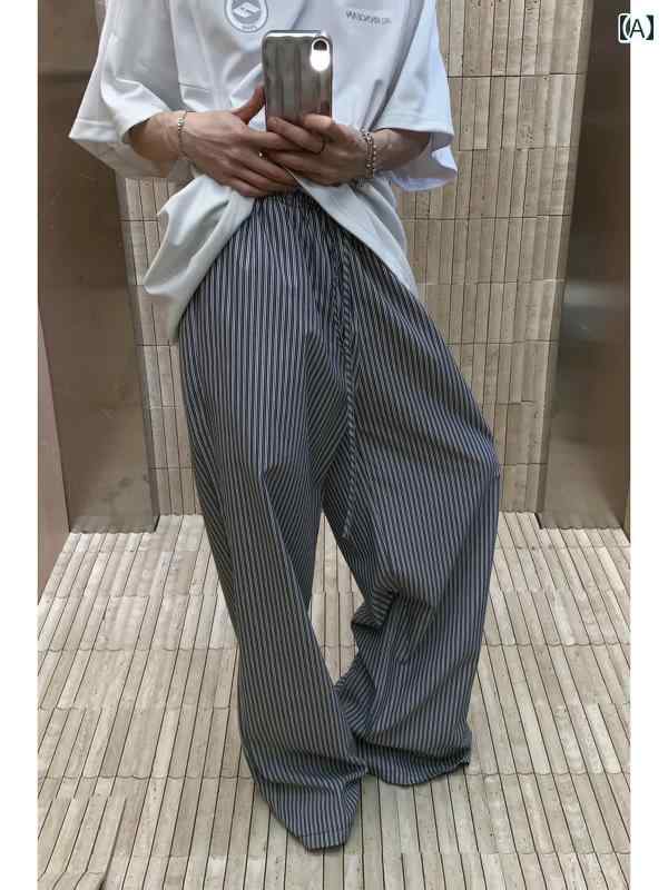 メンズ パンツ カジュアル ズボン おしゃれ アメリカン レトロ 巾着 ストライプ ワイドレッグ レディース 夏 ストレート ストレート フロア レングス