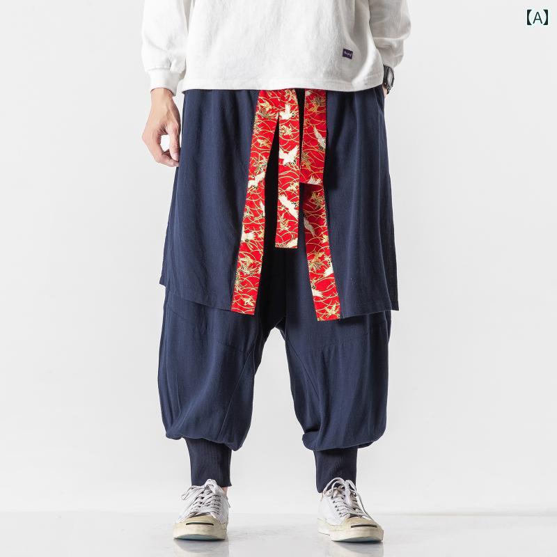 メンズ パンツ カジュアル ズボン おしゃれ チャイナ風 ワイドレッグ クロッチ ぽっちゃり ゆったり 大きめサイズ レトロ レッグ タイ トレンディ