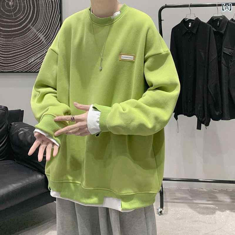 メンズ ファッション おしゃれ アボカド グリーン スウェットシャツ 春秋 フェイク セットアップ ラウ..