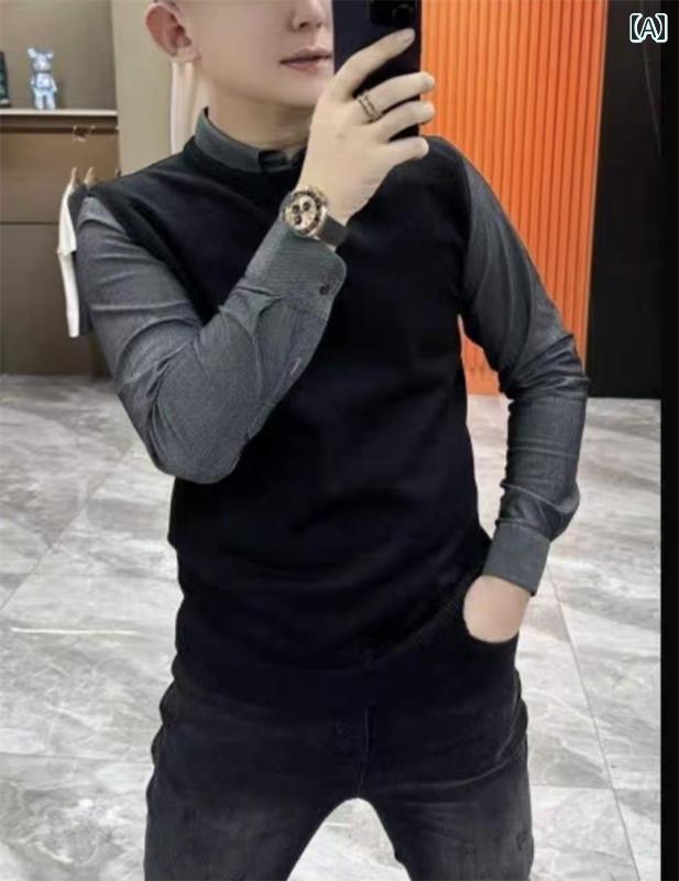 メンズ ファッション おしゃれ 春秋 フェイク セットアップ 長袖 シャツ トレンディ スリム ビジネス シャツ 襟 トップス