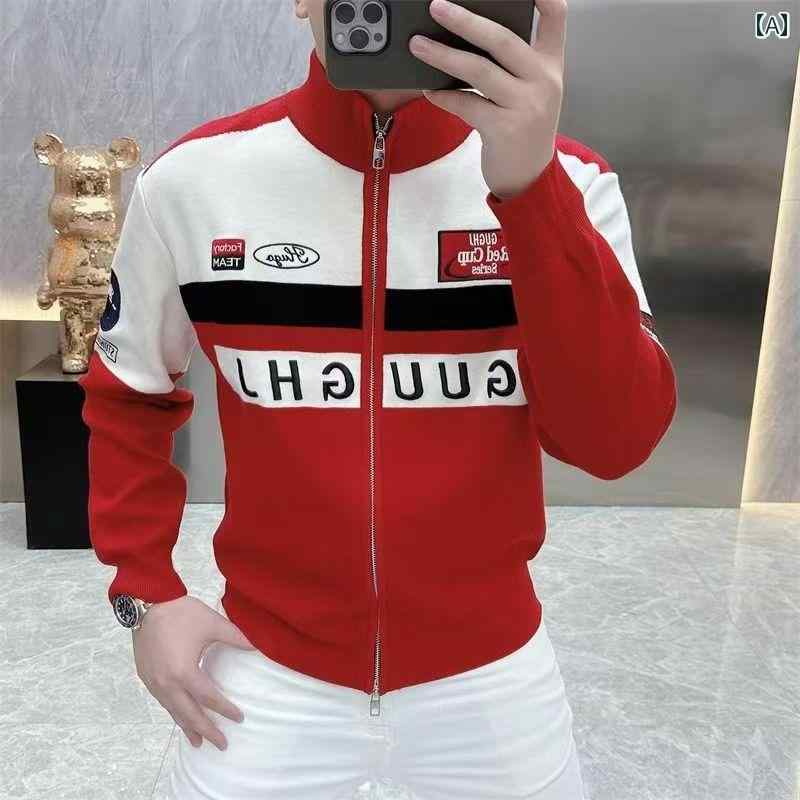 アウター メンズ おしゃれ 冬 トレンド レター プリント ジャケット ファッション スリム ジッパー カーディガン オートバイ ジャケット