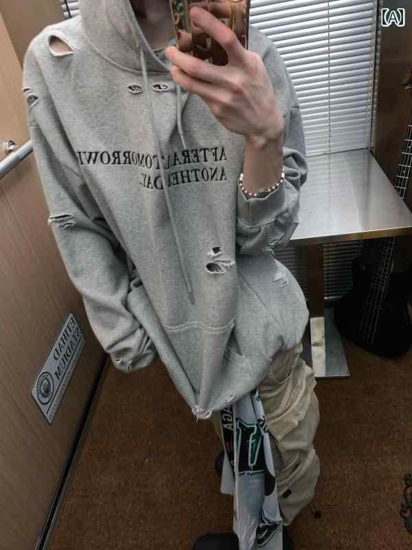 メンズ トップス カジュアル ファッション おしゃれ アメリカン レトロ ダメージ フードスウェット シャツ レター パーカー ジャケット トレンディ