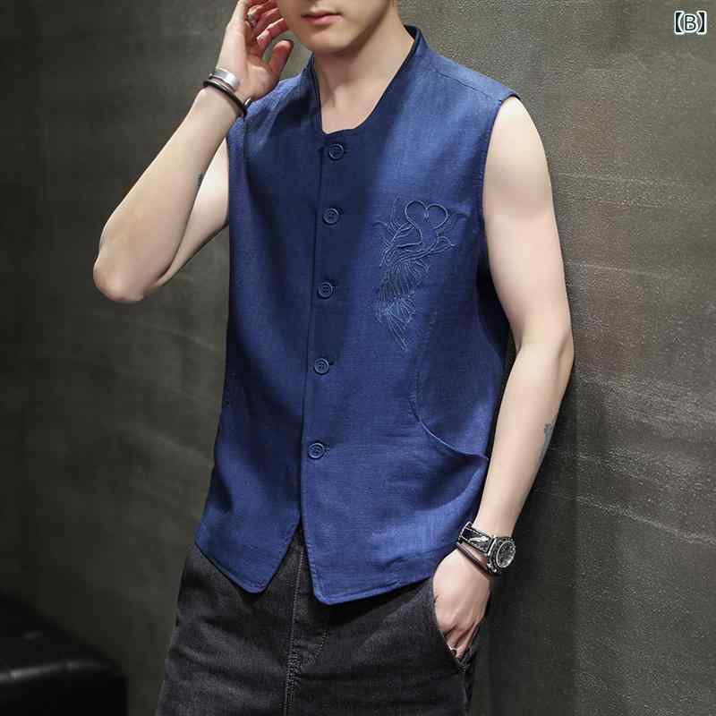 メンズ ベスト カジュアル おしゃれ チャイナ風 薄手 涼しい 涼しい コート 夏 大きめサイズ トレンディ トップス ノースリーブ リネン