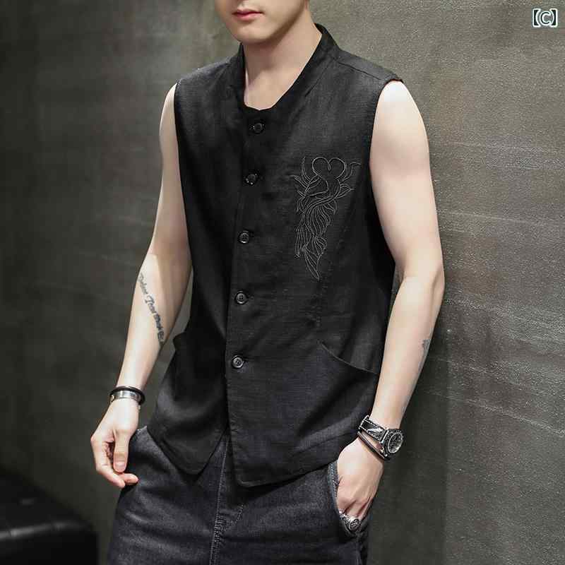 メンズ ベスト カジュアル おしゃれ チャイナ風 薄手 涼しい 涼しい コート 夏 大きめサイズ トレンディ トップス ノースリーブ リネン