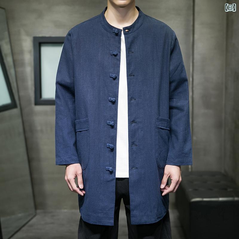 アウター メンズ おしゃれ ダンディ 春秋 丈 リネン 漢服 チャイナ風 綿麻 プレート バックル 唐 セットアップ 瞑想